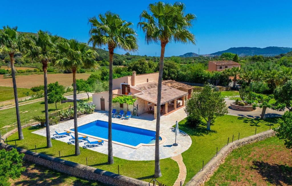 an aerial view of a villa with a swimming pool and palm trees at Can Cremat in Artá