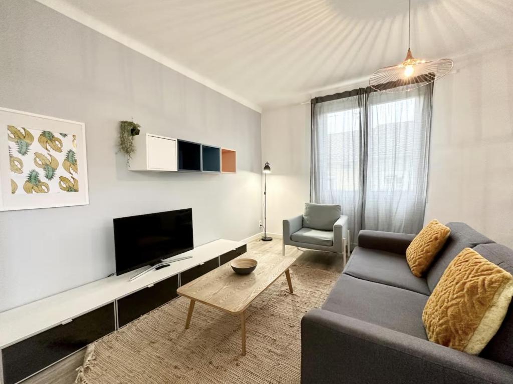 a living room with a couch and a tv at LE LUTZ - Moderne Spacieux - Hyper Centre - Parking in Mont-de-Marsan
