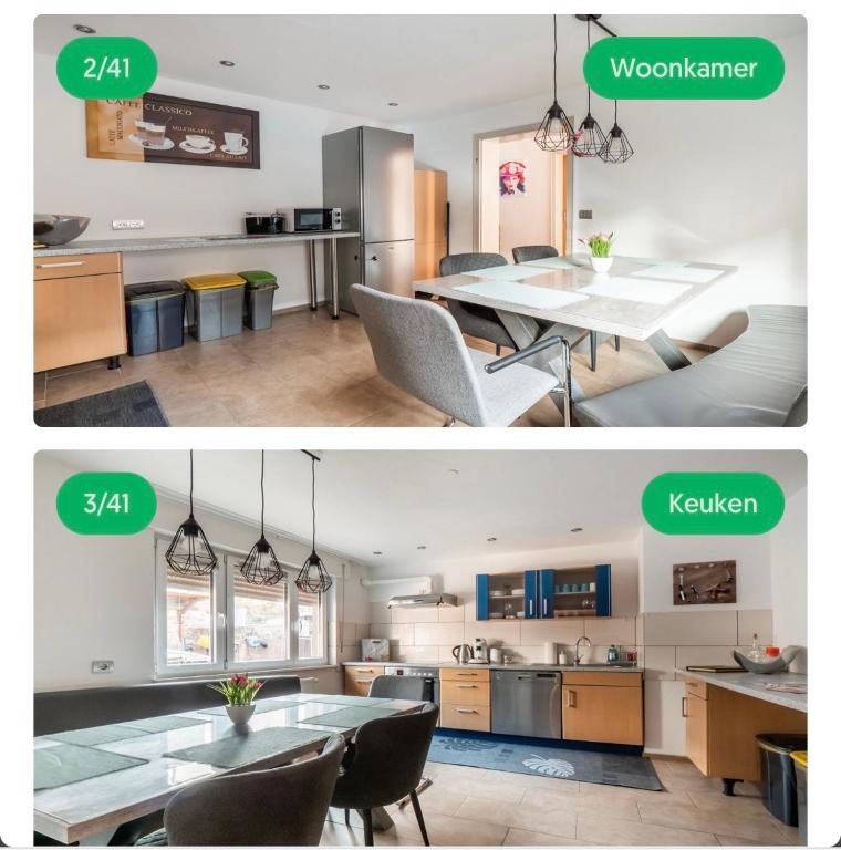 two pictures of a kitchen and a dining room at Haus Schwarzwald Marie in Mahlberg