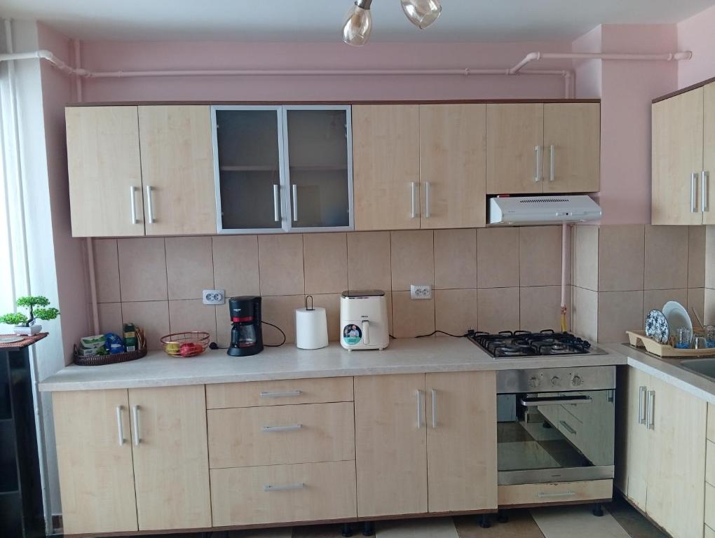 a kitchen with wooden cabinets and a stove top oven at Apartament MaTei in Timişoara