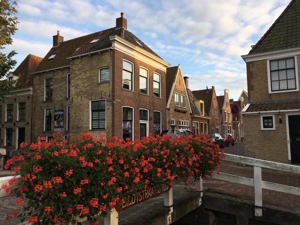 a street with buildings and flowers on a bridge at Homestay Harlingen in Harlingen