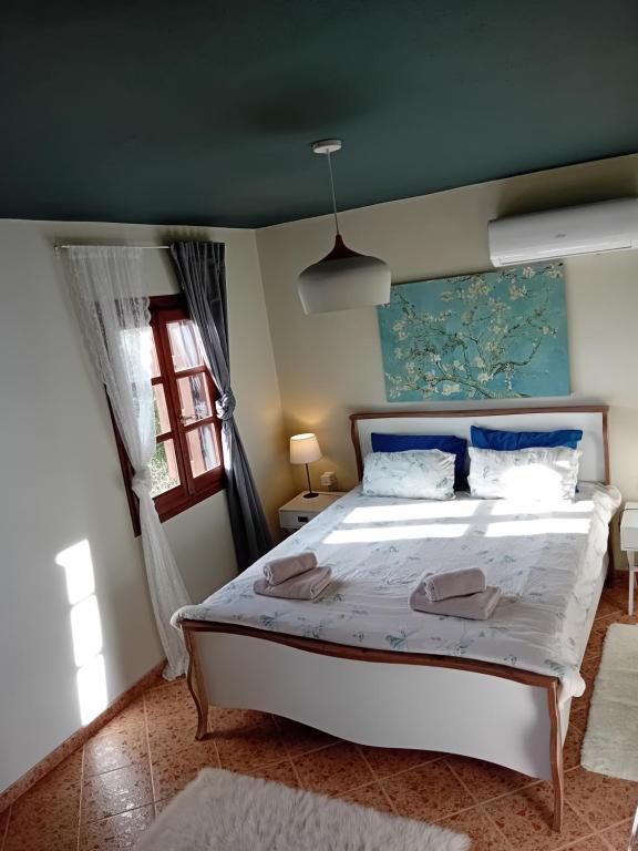 a bedroom with a large white bed with blue pillows at Endless View Country House in Makrinitsa