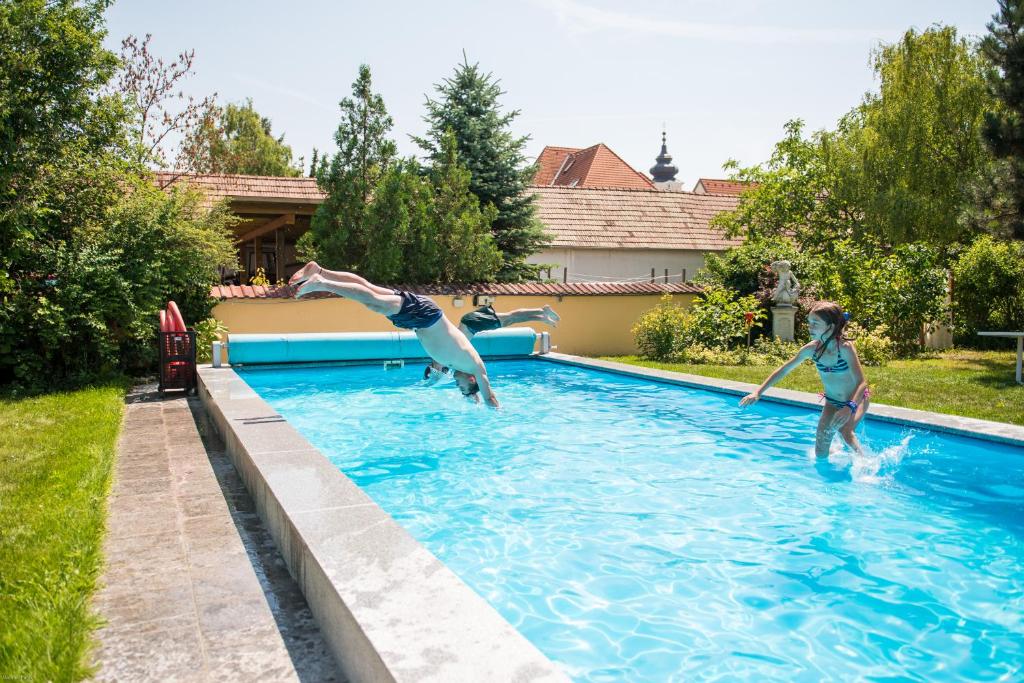 twee kinderen spelen in een zwembad bij Winzerhof Familie Bogner in Rohrendorf bei Krems
