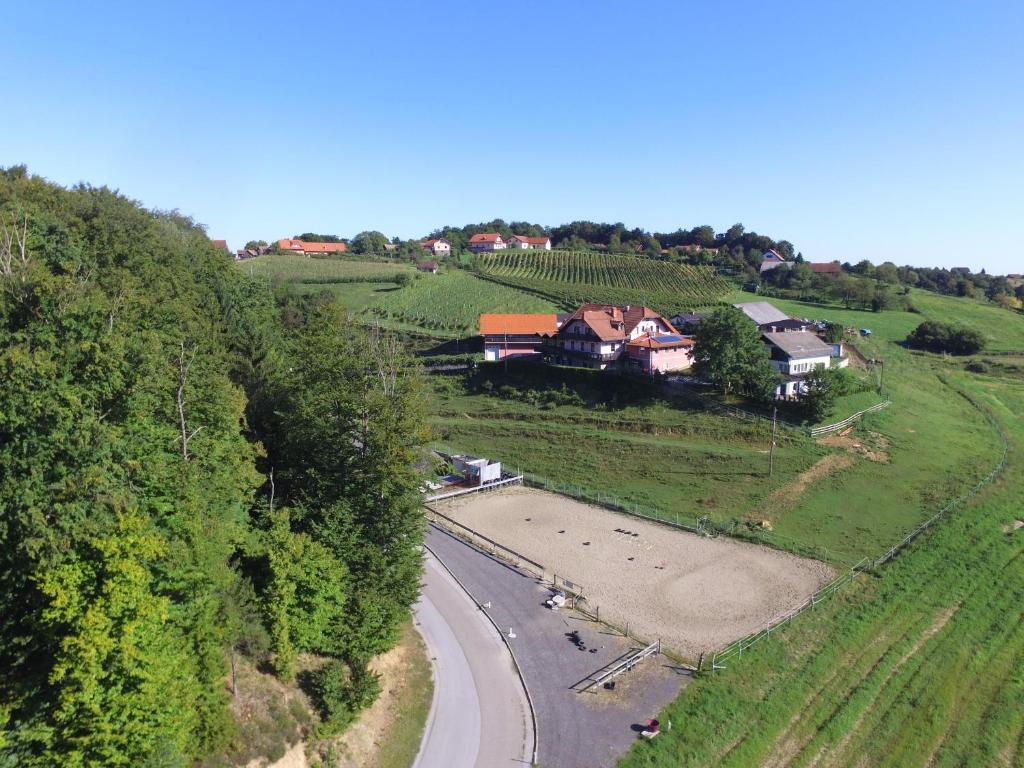 an aerial view of a farm with houses and a road at Guesthouse Kaučič in Benedikt v Slovenskih Goricah