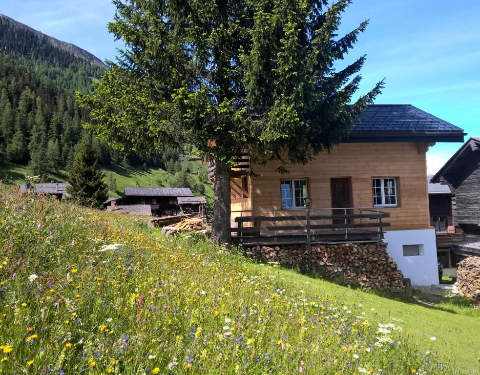 uma casa numa colina com um campo de flores em Chalet Daheim em Reckingen - Gluringen