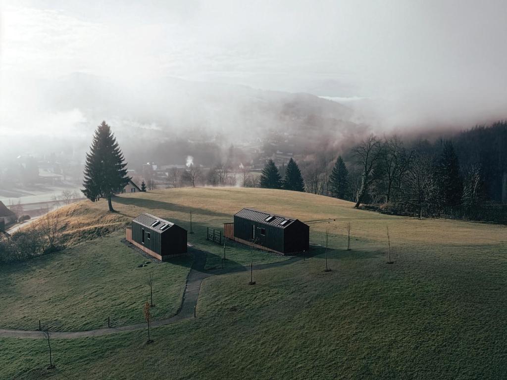 two camping cottages on a hill in a field at Hapfn Tiny Houses mit Hot Tub in Eibiswald
