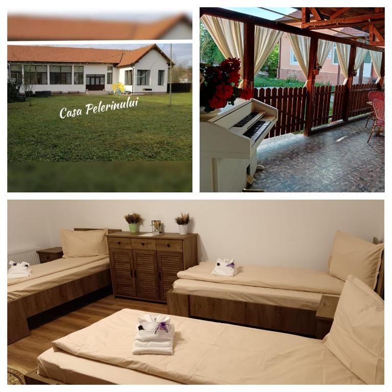 two pictures of a room with two beds at Casa Pelerinului in Bogata