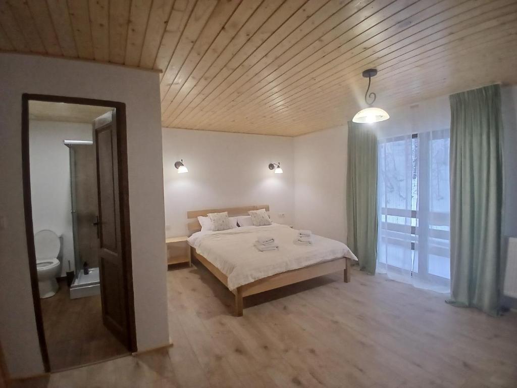 a bedroom with a bed and a large mirror at Hanul Ibăștean in Brădeţelu