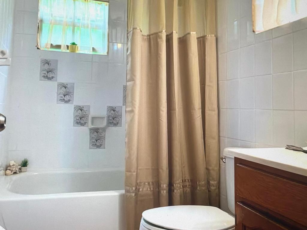 a bathroom with a shower curtain and a toilet at Tropical superbe views in Saint Johnʼs