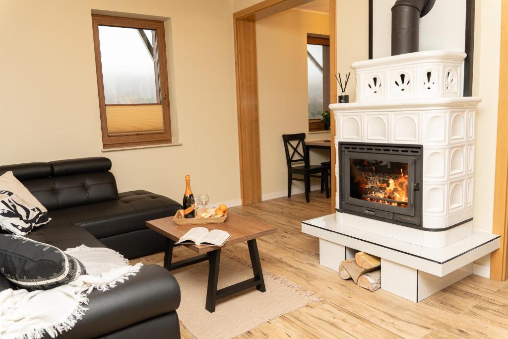 a living room with a fireplace and a couch at Urocze Wysowa in Wysowa-Zdrój