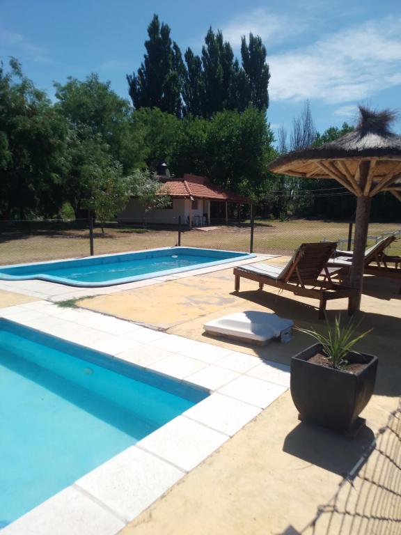 a swimming pool with a bench and an umbrella at CABAÑAS LA PILARICA in San Rafael