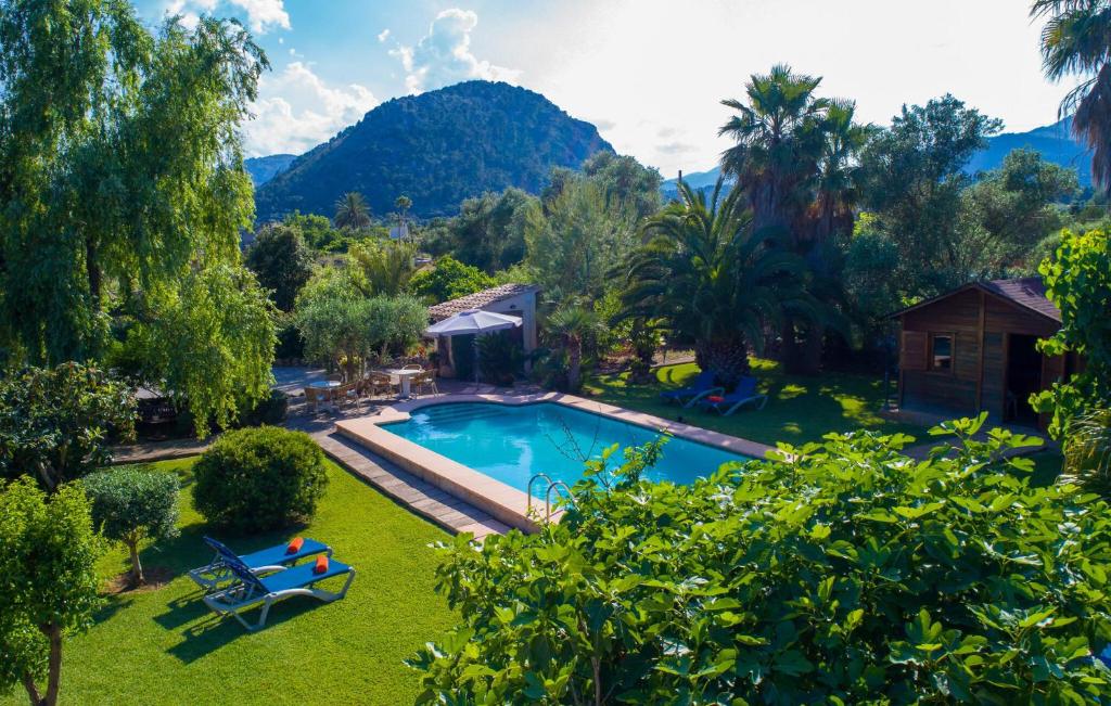 an aerial view of a house with a swimming pool at Can Bleio in Pollença