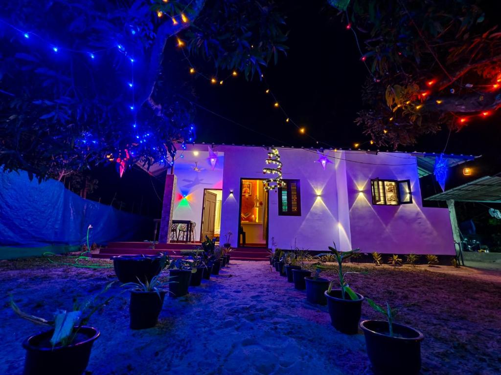 a house lit up at night with lights at Azriel marari in Mararikulam