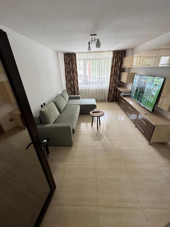 a living room with a couch and a flat screen tv at GreenHome in Bîrlad