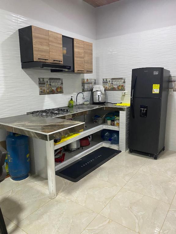 a kitchen with a counter and a refrigerator at Tres Palmas Apartamento in Carmen de Apicalá