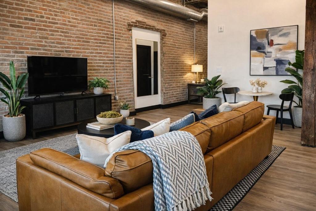 a living room with a brown leather couch at Brick & Bed Riverfront Lofts, T 401 in Saint Louis