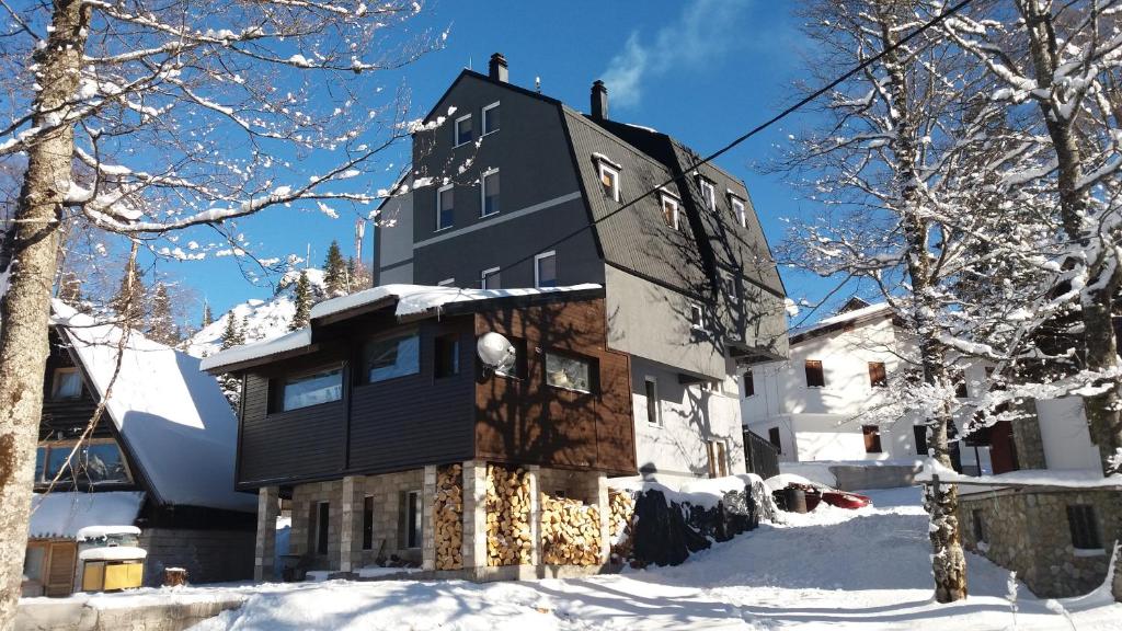 a large black house with snow on the ground at Apartments Artic in Jahorina