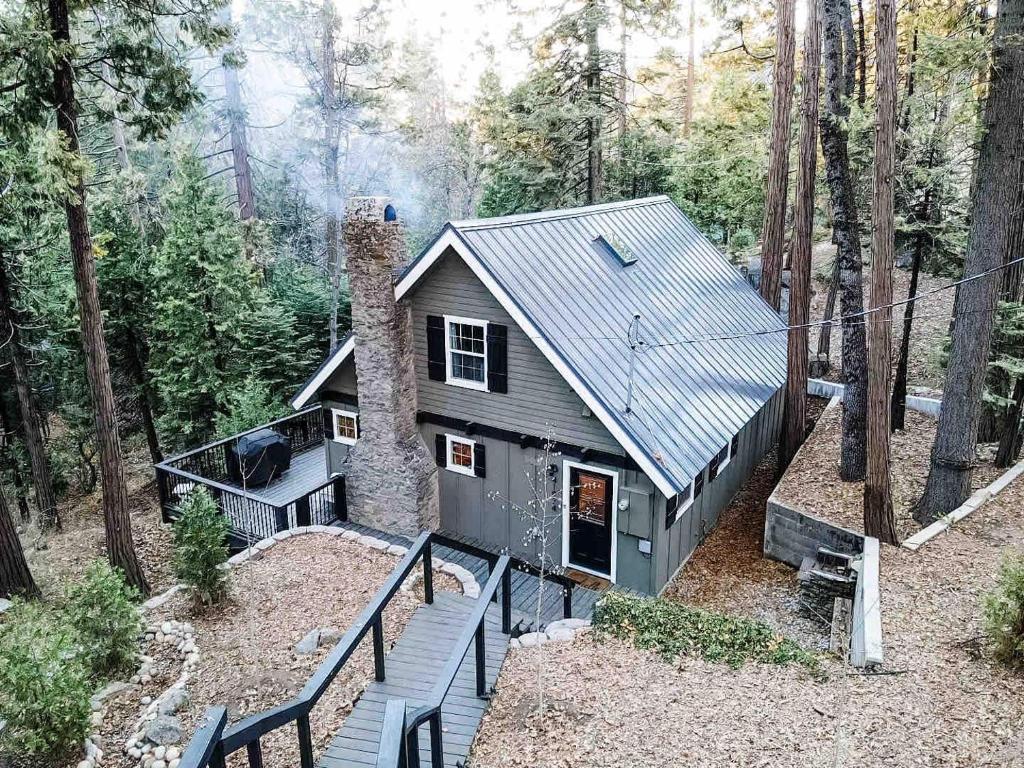 an aerial view of a tiny house in the woods at The Little Dipper Cabin in Shaver Lake