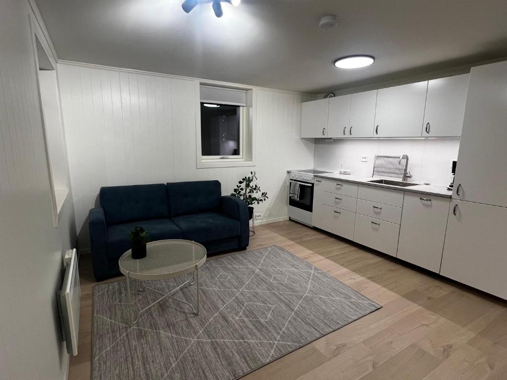 a living room with a blue couch and a kitchen at Nyoppusset leilighet i Vadsø in Vadsø