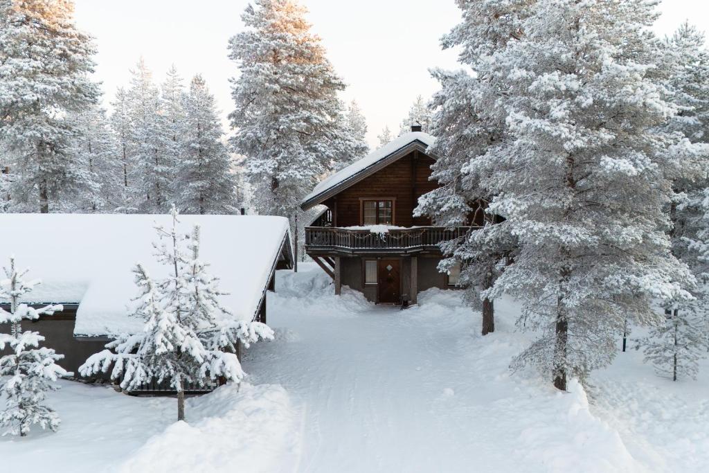 a log cabin in the snow with snow covered trees at Villa Mörhön Maja - Valkea Homes in Pelkosenniemi