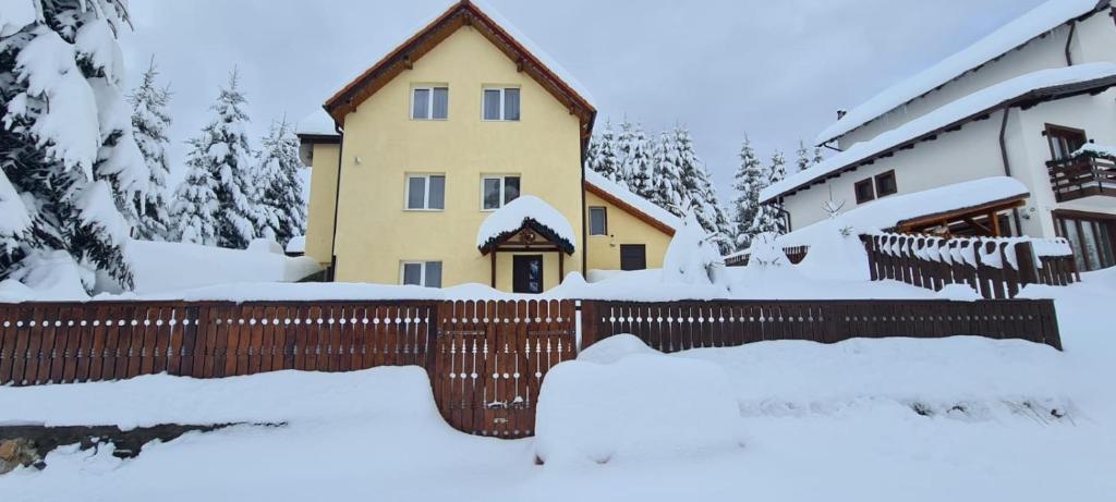 a house with a fence in the snow at Cabana Alina in Păltiniş
