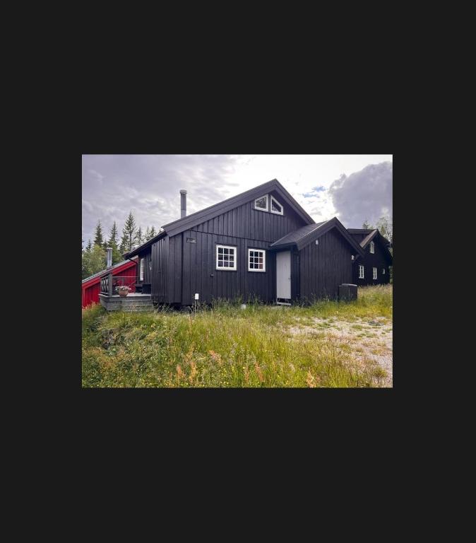 a black barn sitting in a field of grass at Hytte på Norefjell in Surteberg