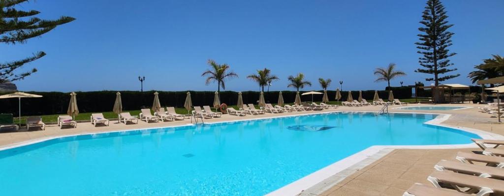 a large swimming pool with chairs and umbrellas at Ocean Front Cura Beach in Playa del Cura