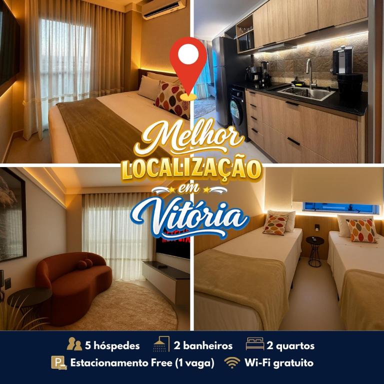 a collage of two pictures of a hotel room at Flat Praia do Canto 2Q-2B Long Stay TRIÂNGULO DAS BERMUDAS in Vitória