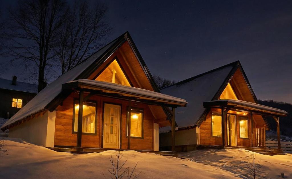 ein Haus mit eingeschalteten Lichtern im Schnee bei Nacht in der Unterkunft Vikendice Kovacevic in Tugovo