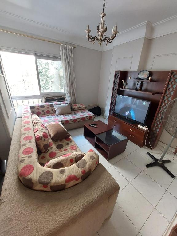 a large room with two beds and a television at Cozy Queen bed room in zamalek with garden view and balcony in Cairo