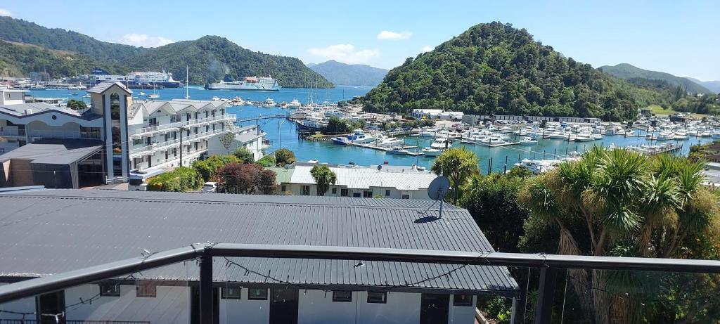 a view of a harbor with boats in the water at Harbour View Motel in Picton