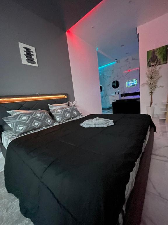 a bedroom with a bed with a black blanket at Suite Zen Jacuzzi TV Integrée Clim Wifi Béziers Centre Arrivée Autonome 24h24 in Béziers