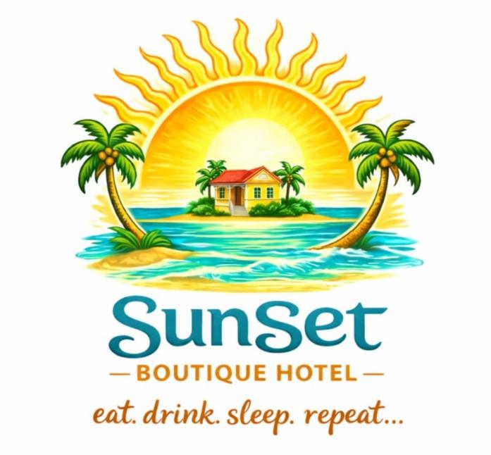 a hotel logo with palm trees and a sunset at Sunset Beach Retreat & Beach Bistro in Batu Ferringhi