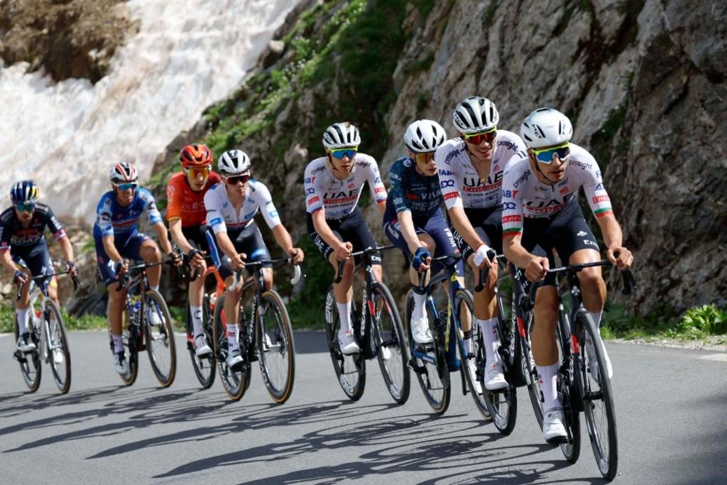 a group of people riding bikes down a road at VILLARGONDRAN vélos en Maurienne garage in Villargondran