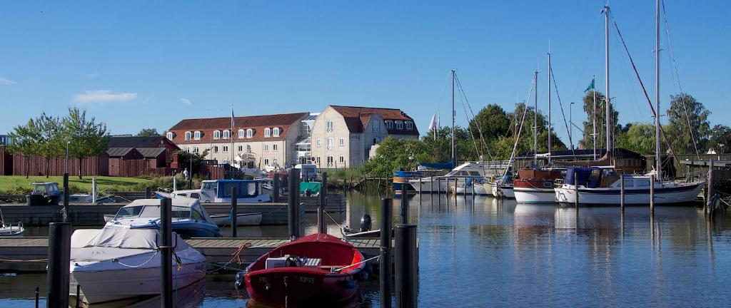 Zleep Hotel Køge في كوغ: مجموعة من القوارب مرساة في المارينا