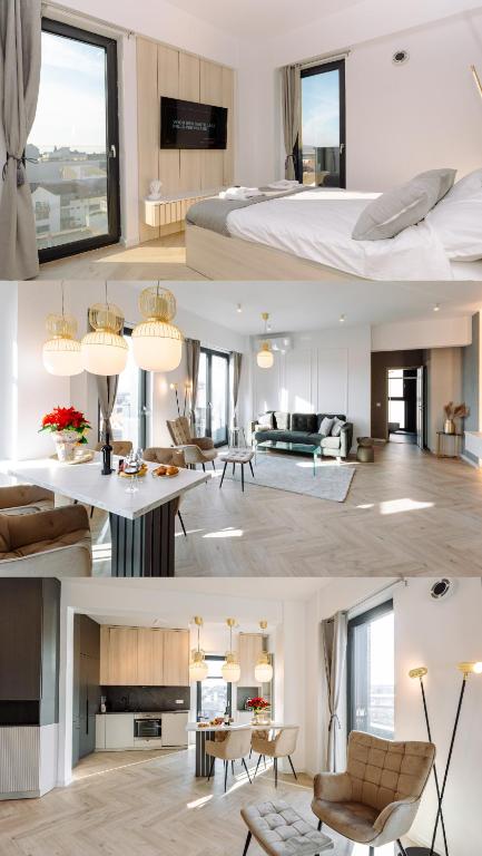 a collage of photos of a bedroom and a living room at Luma Central Viewpoint with Private Underground Parking in Târgu-Mureş