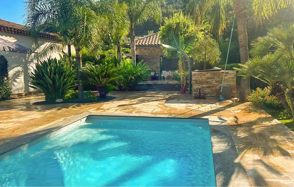 a swimming pool in front of a house with palm trees at Très Beau Gîte Piscine - Spa in Solliès-Pont