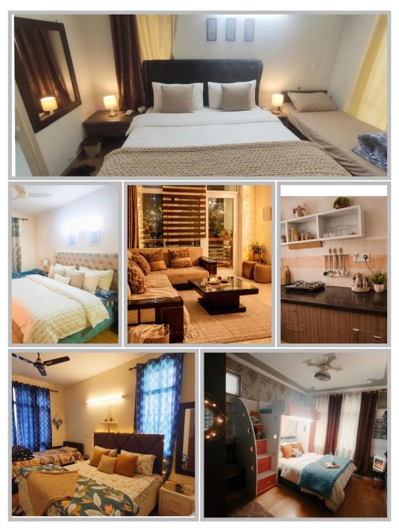 a collage of four pictures of a hotel room at 6 BHK-9BHK Big Group Stay in Lāndrān