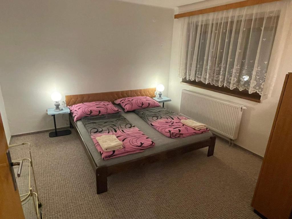 a small bedroom with two beds with pink sheets at Apartmán Votoček in Rokytnice nad Jizerou