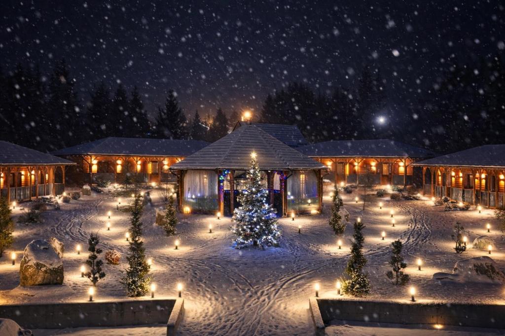 a christmas yard with a christmas tree and lights at Woodville Resort in Moisei