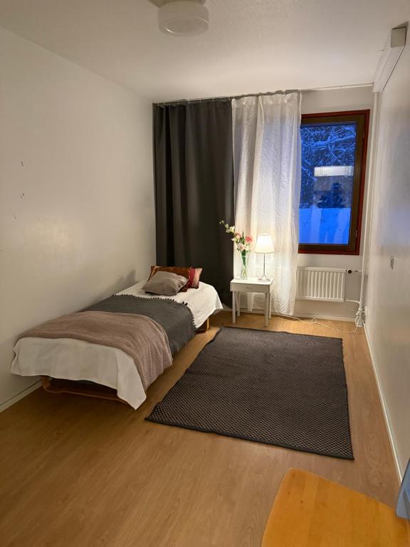 two beds in a room with a window and a rug at Opiskelijankatu 5 Varkaus in Varkaus