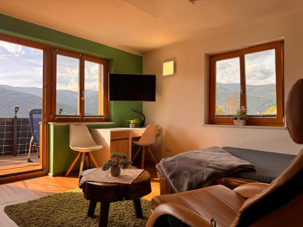 a room with a bed and a desk and windows at Wind Buam Huette in Sankt Lorenzen ob Murau