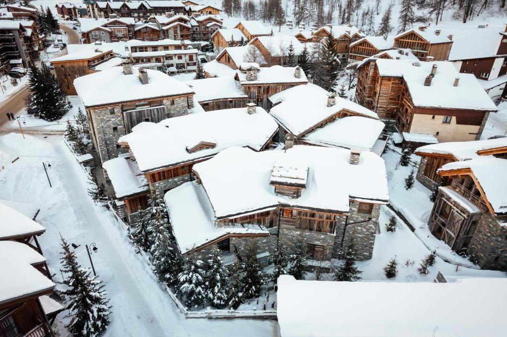 an aerial view of a village covered in snow at Chalets LA MOURRA in Val-d'Isère