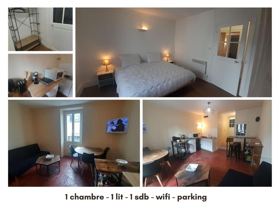 two pictures of a room with a bed and a living room at Appart central Vatan-1 chb-wifi in Vatan