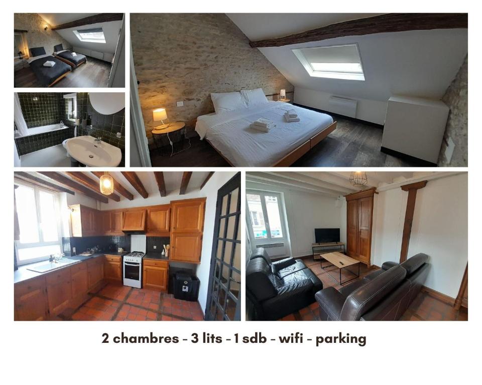 a collage of three pictures of a bedroom and a living room at Appart central Vatan-2 chb- wifi in Vatan
