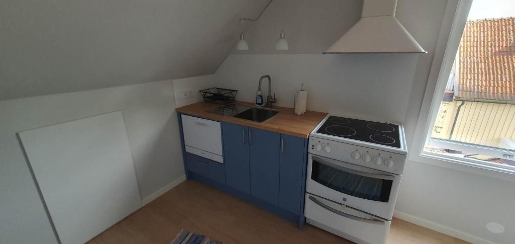 a small kitchen with a stove and a sink at Vindslägenhet på Bjäre in Båstad