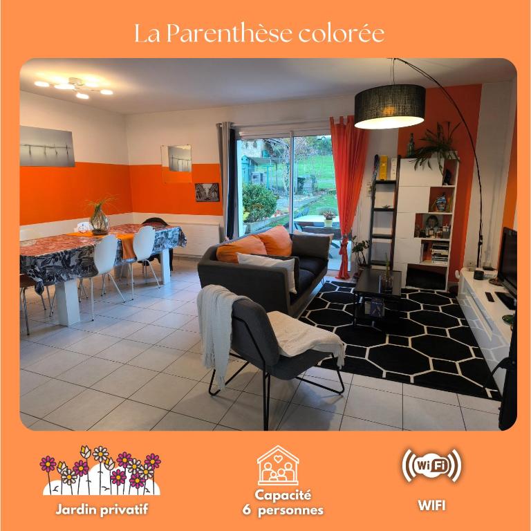 a living room with a couch and a table at La Parenthèse colorée - spacieux - 12mn du Parc in Châteaumur