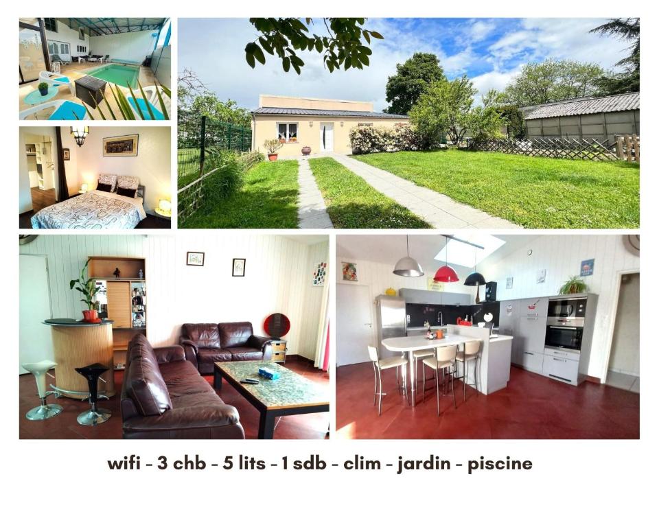 a collage of photos of a living room and a house at Chtx maison 7 pers jardin piscine in Châteauroux