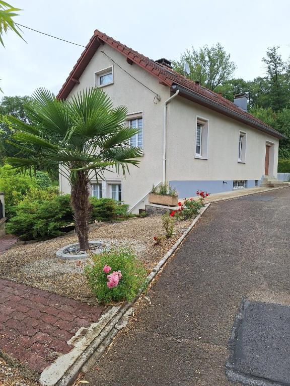 a house with a palm tree in front of a driveway at Gîte du Craon de Ludes in Ludes