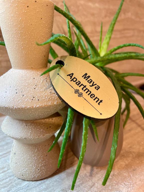 a stack of rocks with a sign on it next to a plant at Maya Apartment in Cluj-Napoca